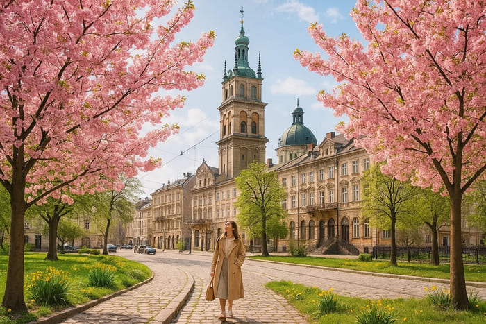 Park miejski we Lwowie w pełnym rozkwicie, z kwitnącymi drzewami i spacerującymi mieszkańcami
