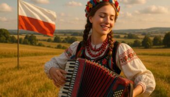 Населення Польщі: Дівчина грає на гармошці на фоні польського прапора, який майорить на вітрі.