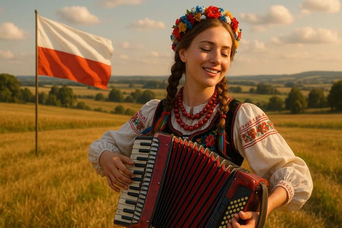 Населення Польщі: Дівчина грає на гармошці на фоні польського прапора, який майорить на вітрі.