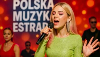 Польська співачка виконує пісню на сцені під час живого виступу.