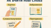 Нові слова - як вчити кіт показує поради та методи на картках.