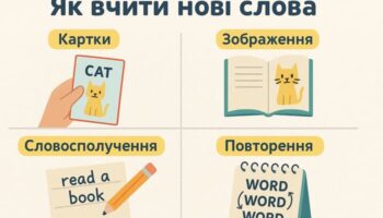 Нові слова - як вчити кіт показує поради та методи на картках.