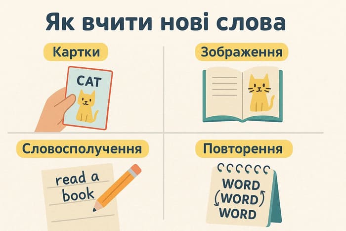 Нові слова - як вчити кіт показує поради та методи на картках.