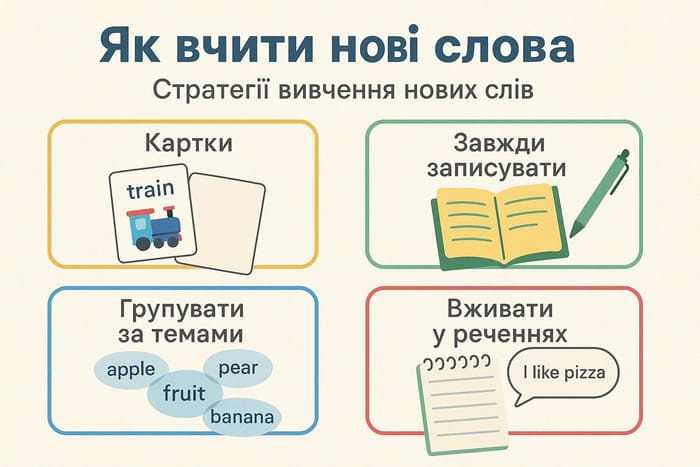 Контекстуальне вивчення нових слів, картки, записи, вживати у реченнях, групувати за темами