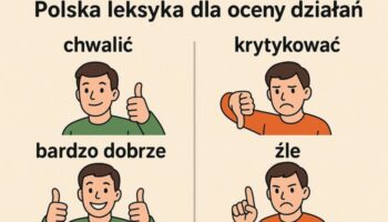 2 хлопця 1 критикує а другий хвалить і показують польську лексику (слова) для оцінки, характеристики дій