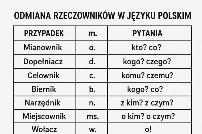 Відмінювання іменників в Польській мові табличка на білому фоні