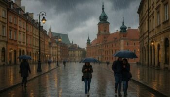 Дощова вулиця у центрі Варшаві — приклад нестабільного клімату