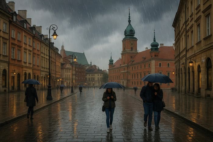 Дощова вулиця у центрі Варшаві — приклад нестабільного клімату