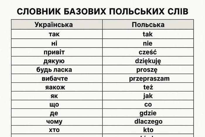 обкладенка у вигляді таблиці Excel для базового словника польських слів