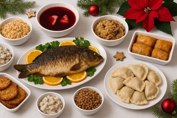 Традиційна Польська кухня на Вігілію перед Різдвом хрестовим. А головна страва Карп Швєнтокшизький