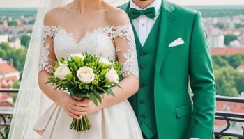 Весілля в Польщі, пара наречених - наречена у весільній сукні з букетом і наречений у стильному костюмі на весіллі