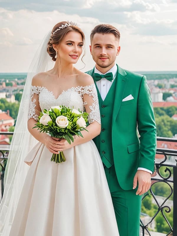 Весілля в Польщі, пара наречених - наречена у весільній сукні з букетом і наречений у стильному костюмі на весіллі