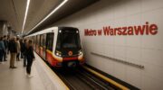 Потяг варшавського метро прибуває на чисту, сучасну підземну станцію; на платформі стоять пасажири, а на стіні станції чітко видно напис польською: "Metro w Warszawie"