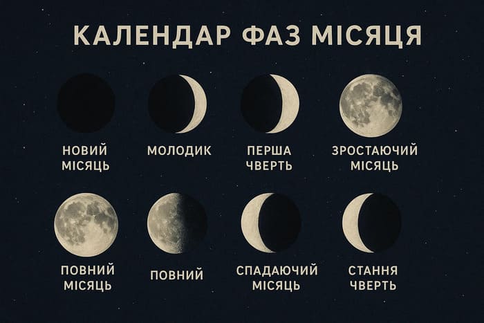 Календар фаз місяця - Нова луна, Повна, Растуща