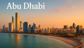 Panoramic view of Abu Dhabi skyline with modern skyscrapers, the Arabian Gulf coastline, and clear blue sky
