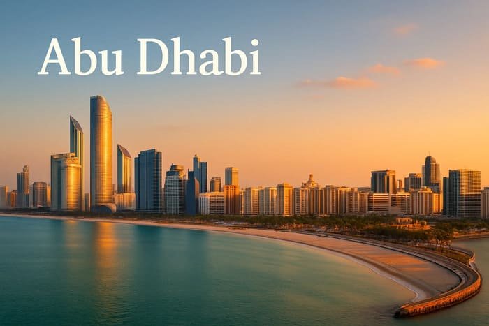 Panoramic view of Abu Dhabi skyline with modern skyscrapers, the Arabian Gulf coastline, and clear blue sky