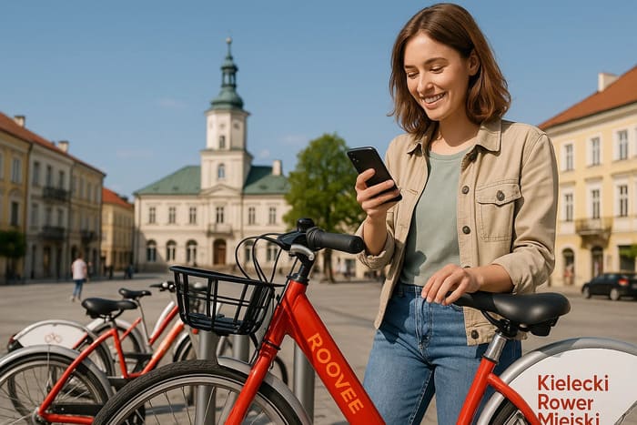 Dziewczyna wypożyczająca czerwono-biały rower z systemu Kielecki Rower Miejski za pomocą telefonu przy stacji w centrum Kielc. W tle Rynek, słoneczny dzień, miejski klimat.