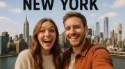 A guy and a girl are emotionally taking a photo against the backdrop of New York skyscrapers