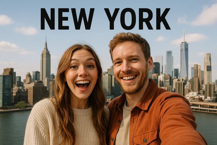 A guy and a girl are emotionally taking a photo against the backdrop of New York skyscrapers