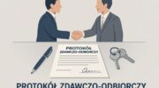 Інфографіка у сучасному офісному стилі, що ілюструє процес підписання protokół zdawczo-odbiorczy (акт приймання-передачі) у Польщі. Зображення документів, ручки, двох людей, які тиснуть руки, та ключів на столі. Мінімалістичний дизайн, нейтральний фон, сині та сірі акценти. Підпис великими літерами польською: "PROTOKÓŁ ZDAWCZO-ODBIORCZY".