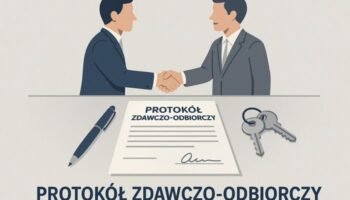 Інфографіка у сучасному офісному стилі, що ілюструє процес підписання protokół zdawczo-odbiorczy (акт приймання-передачі) у Польщі. Зображення документів, ручки, двох людей, які тиснуть руки, та ключів на столі. Мінімалістичний дизайн, нейтральний фон, сині та сірі акценти. Підпис великими літерами польською: "PROTOKÓŁ ZDAWCZO-ODBIORCZY".