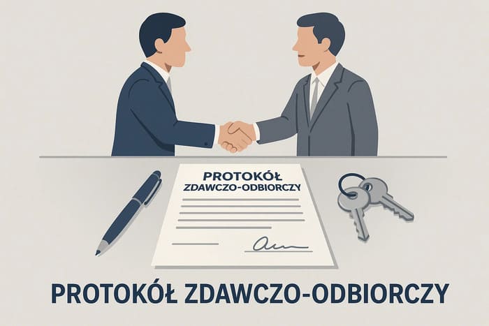 Інфографіка у сучасному офісному стилі, що ілюструє процес підписання protokół zdawczo-odbiorczy (акт приймання-передачі) у Польщі. Зображення документів, ручки, двох людей, які тиснуть руки, та ключів на столі. Мінімалістичний дизайн, нейтральний фон, сині та сірі акценти. Підпис великими літерами польською: "PROTOKÓŁ ZDAWCZO-ODBIORCZY".