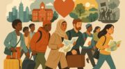 A diverse group of people relocating for different reasons: some with luggage, others with maps or documents. The background shows a city skyline, a university, a heart symbol, a war zone, and a green nature landscape—representing job, education, love, conflict, and environment as reasons for moving. Emotions on their faces range from hope to uncertainty, highlighting relocation as both a challenge and a personal journey.