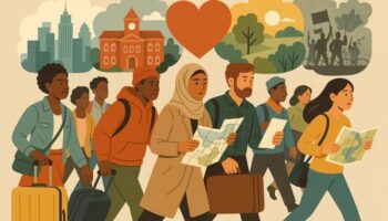 A diverse group of people relocating for different reasons: some with luggage, others with maps or documents. The background shows a city skyline, a university, a heart symbol, a war zone, and a green nature landscape—representing job, education, love, conflict, and environment as reasons for moving. Emotions on their faces range from hope to uncertainty, highlighting relocation as both a challenge and a personal journey.