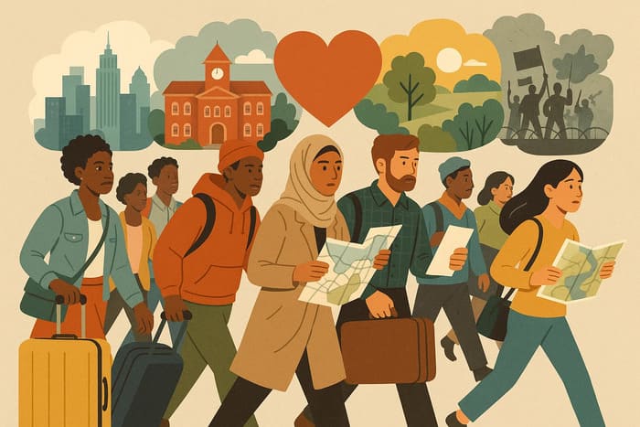 A diverse group of people relocating for different reasons: some with luggage, others with maps or documents. The background shows a city skyline, a university, a heart symbol, a war zone, and a green nature landscape—representing job, education, love, conflict, and environment as reasons for moving. Emotions on their faces range from hope to uncertainty, highlighting relocation as both a challenge and a personal journey.