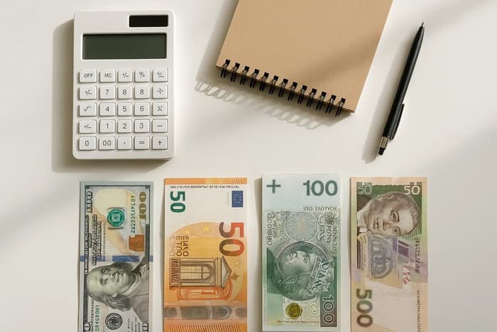 Зображення доларів США, євро, злотих і гривень на столі — порівняння валют для зберігання заощаджень.