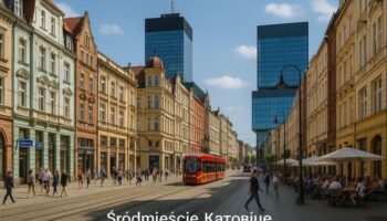 Центральний район Катовіце - трамвай біля вокзалу, на фоні сучасні офісні центри