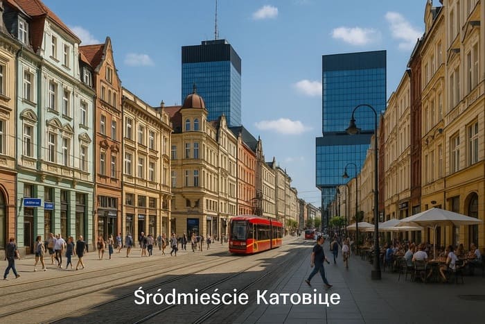 Центральний район Катовіце - трамвай біля вокзалу, на фоні сучасні офісні центри