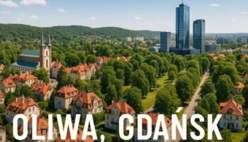 Панорама району Оліва в Ґданську — кафедральний собор, історичні вілли, сучасний бізнес-центр Olivia Business Centre та зелений Парк Олівський.