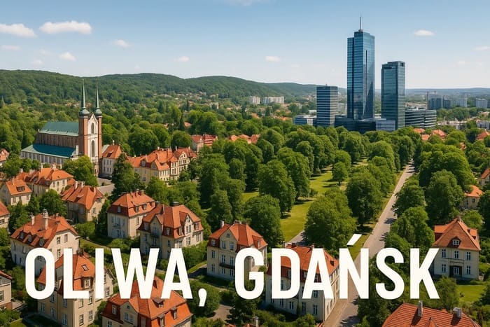 Панорама району Оліва в Ґданську — кафедральний собор, історичні вілли, сучасний бізнес-центр Olivia Business Centre та зелений Парк Олівський.