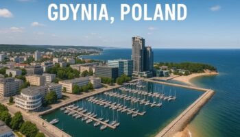 Панорама Ґдині — Sea Towers, сучасний морський порт із яхтами, пляж та скеля Орловський кліф на узбережжі Балтійського моря.