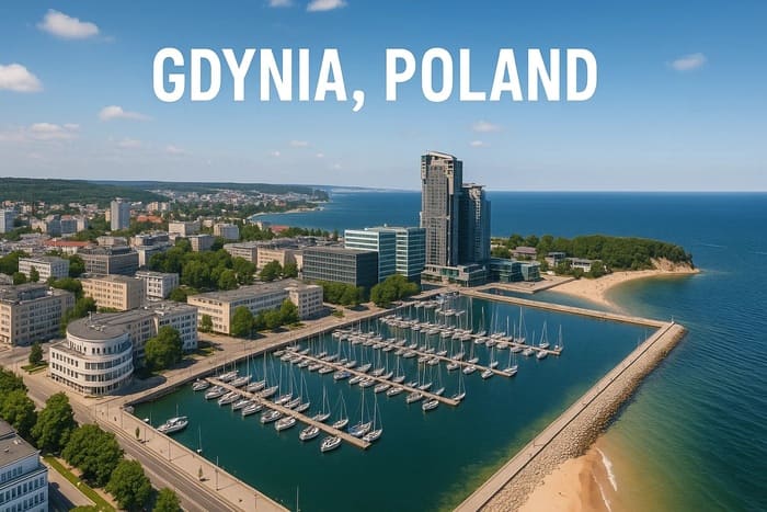 Панорама Ґдині — Sea Towers, сучасний морський порт із яхтами, пляж та скеля Орловський кліф на узбережжі Балтійського моря.
