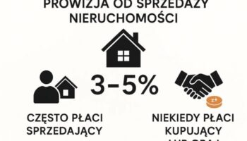 Інфографіка про комісію агентів з нерухомості в Польщі. У центрі великий напис “3–5%”. Зліва позначено, що зазвичай платить продавець (піктограма людини з будинком). Справа — що іноді комісію сплачує покупець або обидві сторони (піктограма рукостискання). Мінімалістичний дизайн, білий фон.