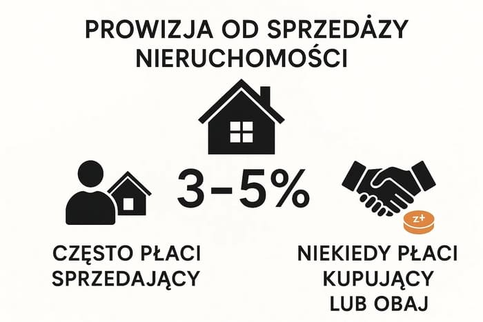 Інфографіка про комісію агентів з нерухомості в Польщі. У центрі великий напис “3–5%”. Зліва позначено, що зазвичай платить продавець (піктограма людини з будинком). Справа — що іноді комісію сплачує покупець або обидві сторони (піктограма рукостискання). Мінімалістичний дизайн, білий фон.