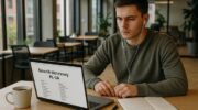 На передньому плані — стіл із ноутбуком, відкритим документом або сайтом зі словником, де видно заголовок "Słownik biznesowy PL-UA". Поруч — чашка кави, нотатки, ручка. У кадрі — молода людина