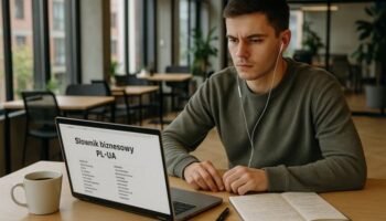 На передньому плані — стіл із ноутбуком, відкритим документом або сайтом зі словником, де видно заголовок "Słownik biznesowy PL-UA". Поруч — чашка кави, нотатки, ручка. У кадрі — молода людина
