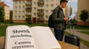На передньому плані — відкрита книжка або блокнот з написом "Słownik nieruchomości" та перекладом українською. На фоні — типова польська багатоповерхівка або житловий район. Поруч — молода людина (можна з валізою або телефоном у руці), яка вивчає документи або оголошення.
