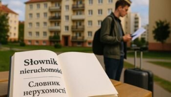 На передньому плані — відкрита книжка або блокнот з написом "Słownik nieruchomości" та перекладом українською. На фоні — типова польська багатоповерхівка або житловий район. Поруч — молода людина (можна з валізою або телефоном у руці), яка вивчає документи або оголошення.