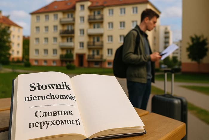 На передньому плані — відкрита книжка або блокнот з написом "Słownik nieruchomości" та перекладом українською. На фоні — типова польська багатоповерхівка або житловий район. Поруч — молода людина (можна з валізою або телефоном у руці), яка вивчає документи або оголошення.