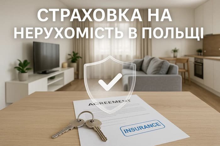 Напис страховка нерухомості в Польщі на фоні квартири з ремонтом