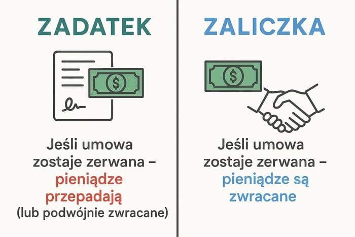 Інфографіка, поділена на дві частини. Зліва — “Zadatek”: гроші та контракт, підпис “Якщо угода зривається — гроші втрачаються (або повертаються подвійно)”. Справа — “Zaliczka”: гроші та рукостискання, підпис “Якщо угода зривається — гроші повертаються”. Мінімалістичний дизайн, білій фон, кольорові акценти.