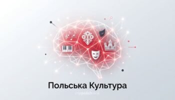 Сучасна векторна ілюстрація «Польська Культура» для сайту mypolish.link із зображенням мозку у вигляді цифрової мережі, що світиться, та іконками театру, музики і традиційних польських візерунків