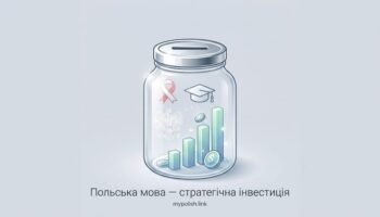 Мінімалістична ілюстрація скляної банки зі скарбничкою, всередині якої світяться символи інвестицій, графік зростання, академічна шапка та герб Польщі. Знизу напис «Польська мова — стратегічна інвестиція» та вотермарк mypolish.link