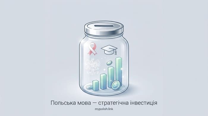 Мінімалістична ілюстрація скляної банки зі скарбничкою, всередині якої світяться символи інвестицій, графік зростання, академічна шапка та герб Польщі. Знизу напис «Польська мова — стратегічна інвестиція» та вотермарк mypolish.link